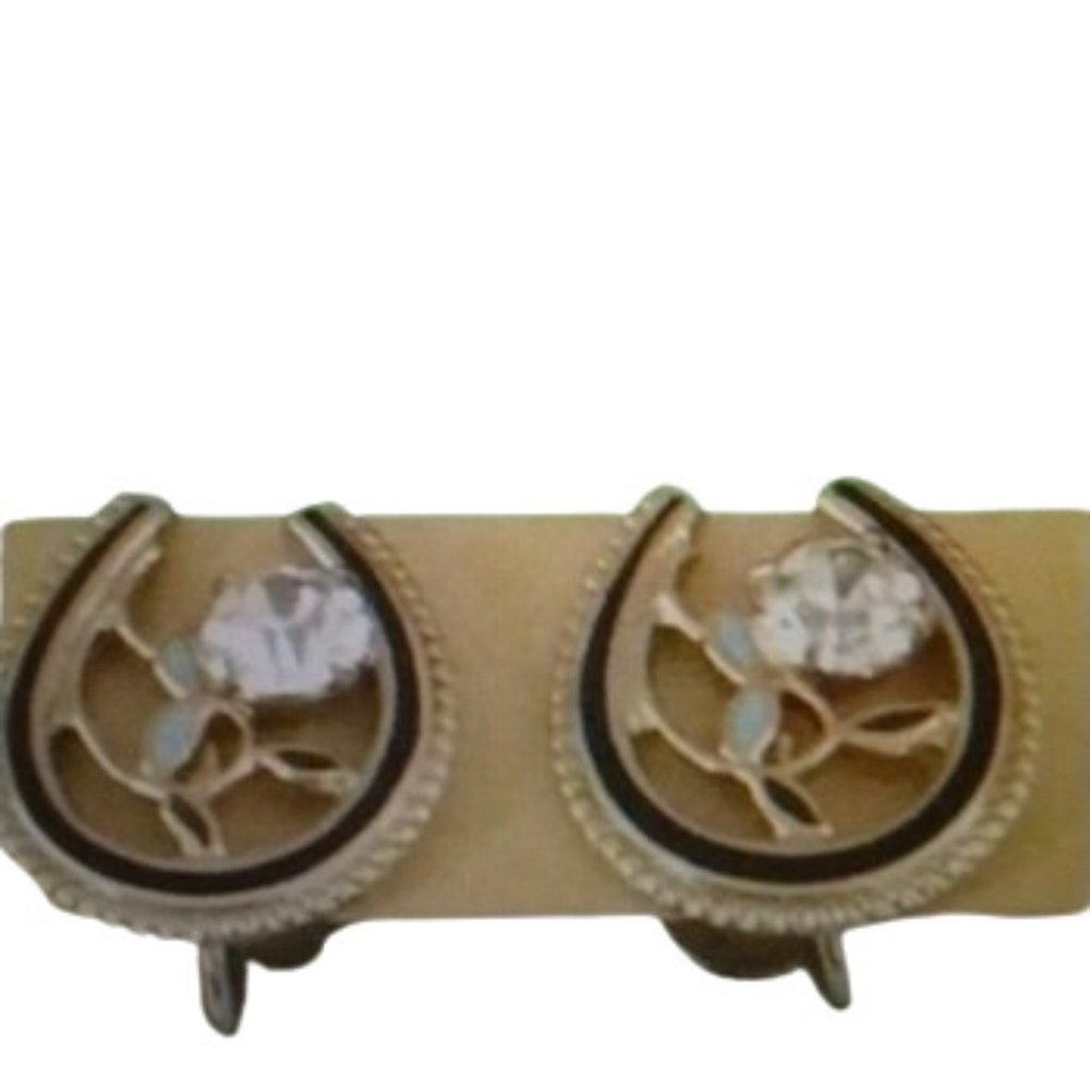 Vintage Rhinestone/Enamel Horsehoe Screw Back Earrings - Gorgeous!